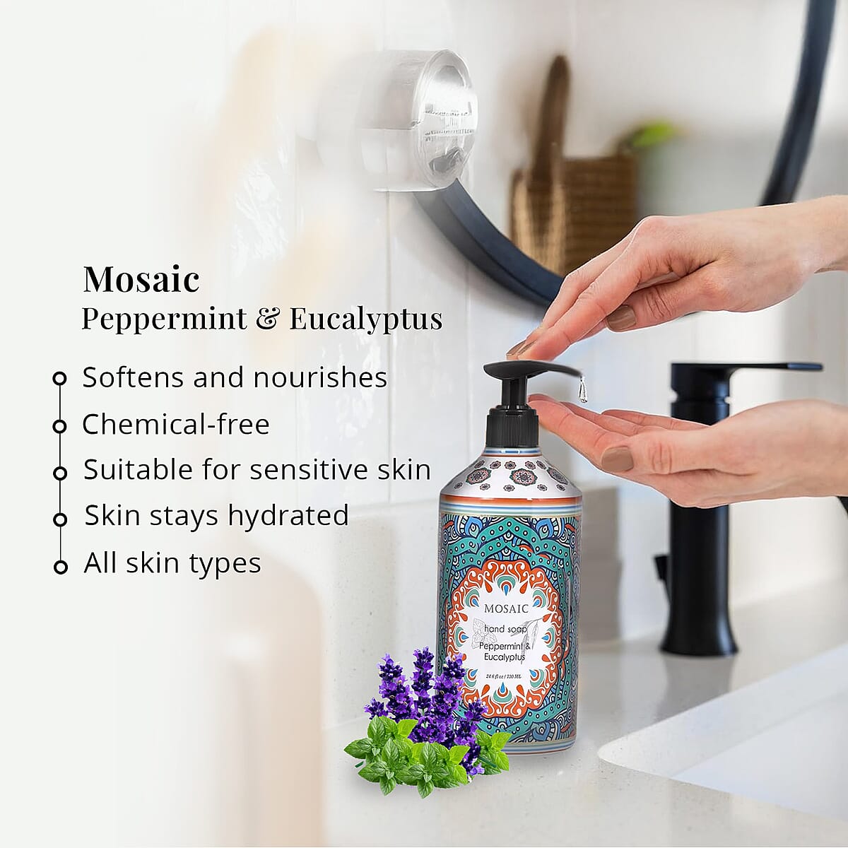 Mosaic Liquid Hand Soap Series- Almond & Argan, Camomile, Lavender, Peppermint & Eucalyptus (24.6oz Each) image number 3