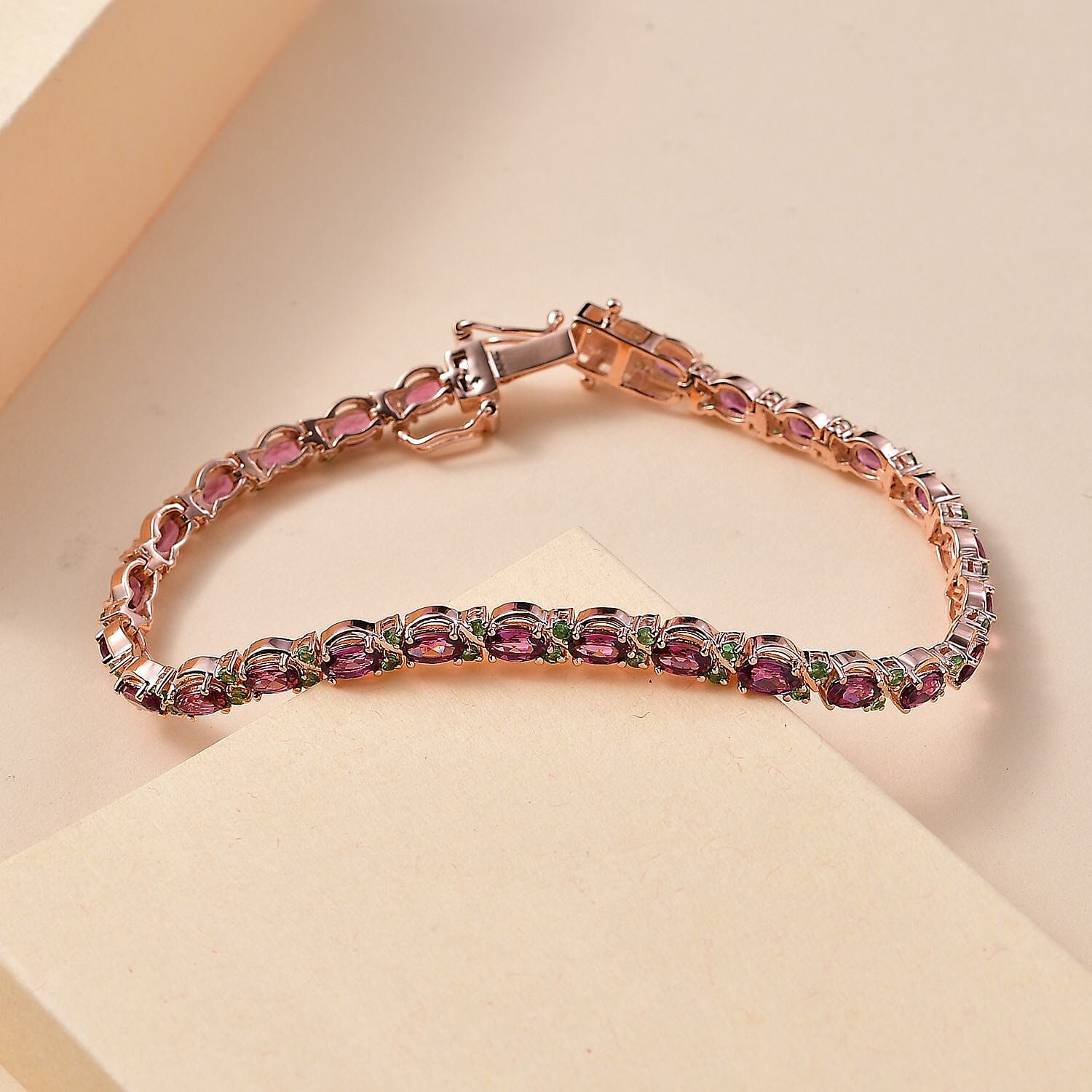 D'Joy AAA Radiant Ember Garnet and Tsavorite Garnet 9.50 ctw Petals Vine Bracelet in 18K Vermeil Rose Gold Over Sterling Silver (7.25 In)