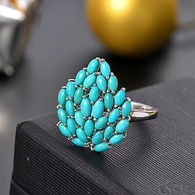 Sleeping Beauty Turquoise 3.50 ctw Floral Ring in Rhodium Over Sterling Silver (Size 10.0)
