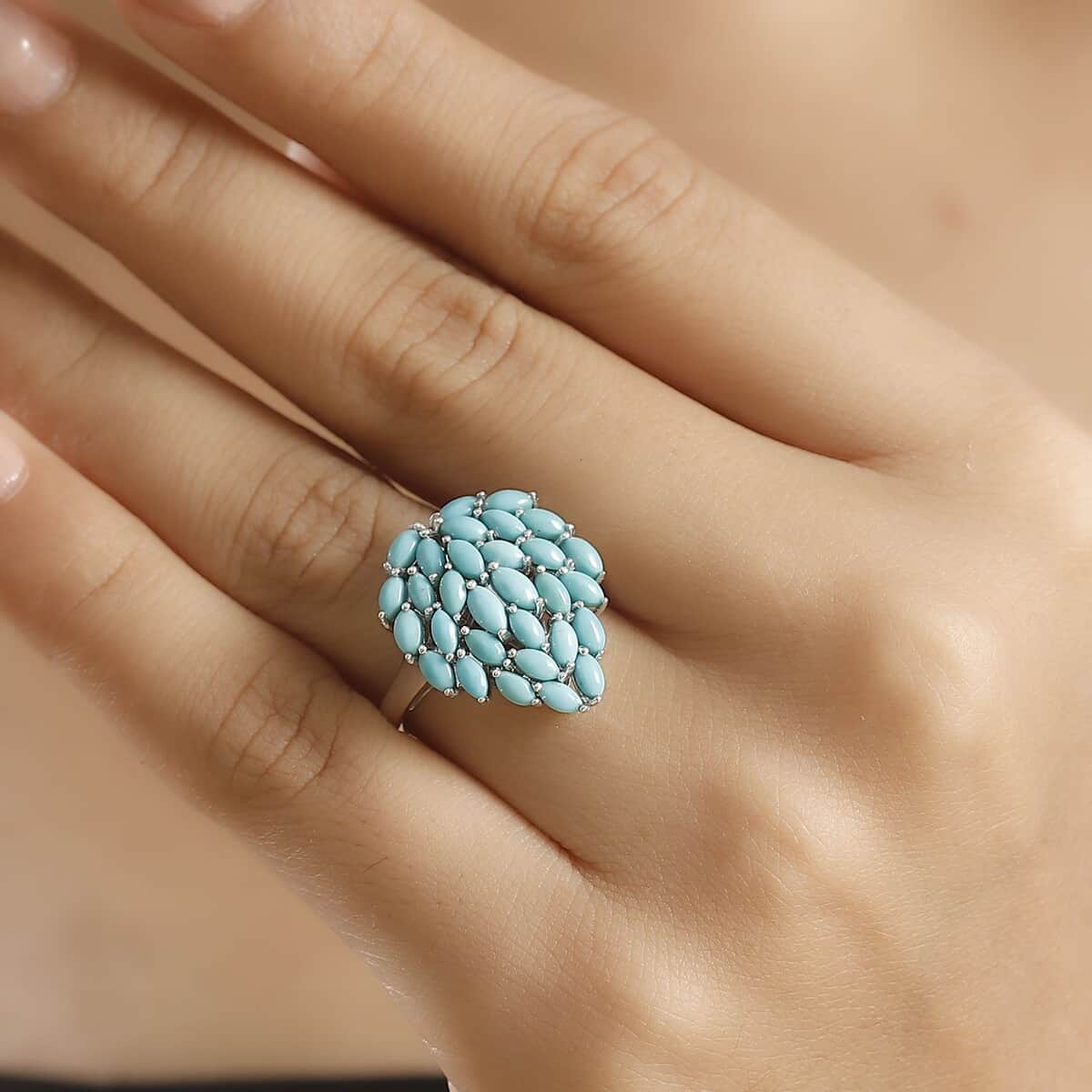 Sleeping Beauty Turquoise 3.50 ctw Floral Ring in Rhodium Over Sterling Silver (Size 8.0) image number 2