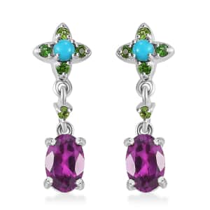 AAA Radiant Ember Garnet and Multi Gemstone 1.30 ctw Floral Earrings in Rhodium Over Sterling Silver