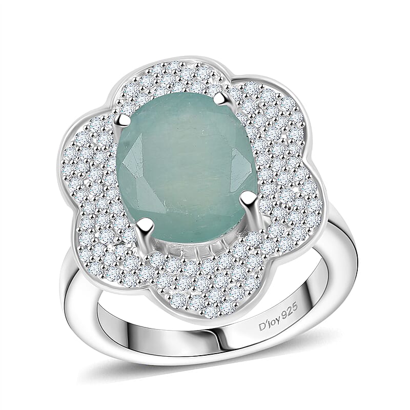 D'Joy Grandidierite and White Zircon 4.90 ctw Ocean Petal Ring in Rhodium Over Sterling Silver (Size 10.0)