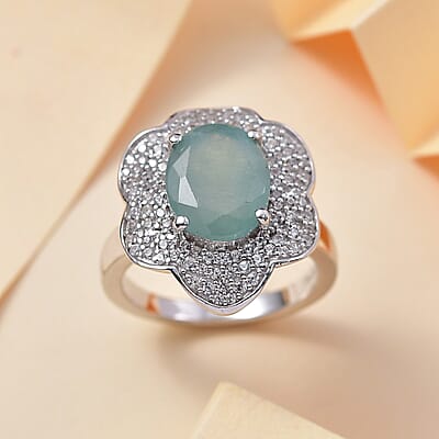 D'Joy Grandidierite and White Zircon 4.90 ctw Ocean Petal Ring in Rhodium Over Sterling Silver (Size 10.0)