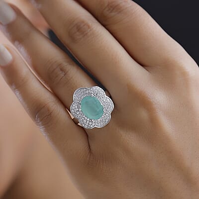 D'Joy Grandidierite and White Zircon 4.90 ctw Ocean Petal Ring in Rhodium Over Sterling Silver (Size 10.0)
