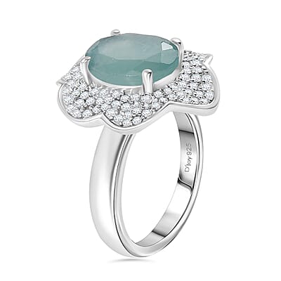 D'Joy Grandidierite and White Zircon 4.90 ctw Ocean Petal Ring in Rhodium Over Sterling Silver (Size 10.0)