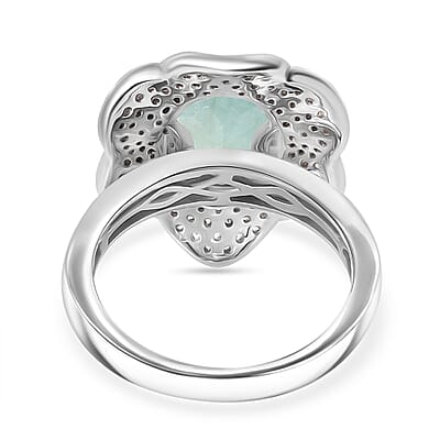 D'Joy Grandidierite and White Zircon 4.90 ctw Ocean Petal Ring in Rhodium Over Sterling Silver (Size 10.0)