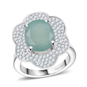 Grandidierite and White Zircon 4.90 ctw Ocean Petal Ring in Rhodium Over Sterling Silver (Size 7.0)