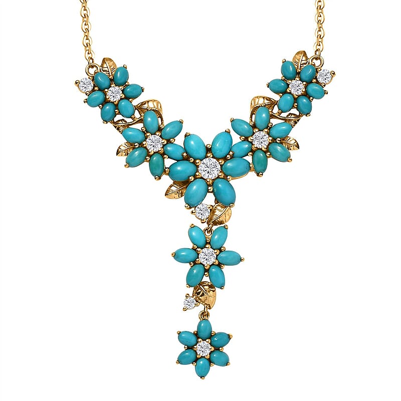 D'Joy Sleeping Beauty Turquoise and Moissanite 13.70 ctw Floral Necklace in 18K Vermeil Yellow Gold Over Sterling Silver 18 Inches