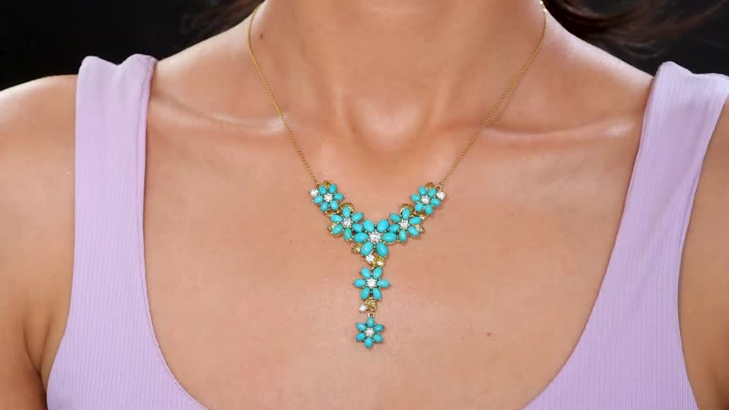 D'Joy Sleeping Beauty Turquoise and Moissanite 13.70 ctw Floral Necklace in 18K Vermeil Yellow Gold Over Sterling Silver 18 Inches