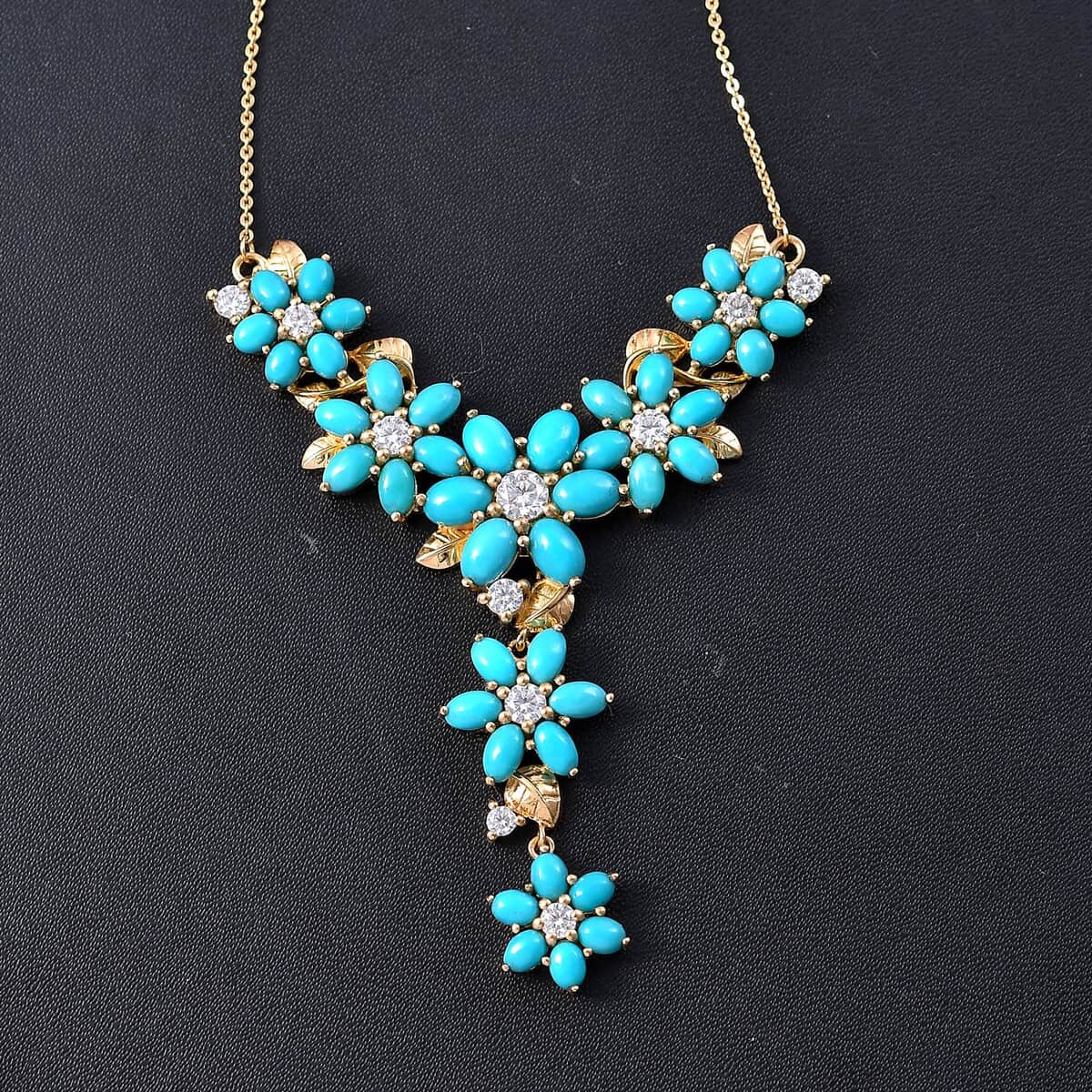 Sleeping Beauty Turquoise and Moissanite 13.70 ctw Floral Necklace in 18K Vermeil Yellow Gold Over Sterling Silver 18 Inches image number 1