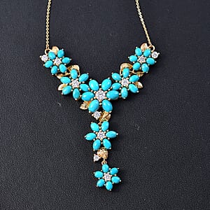 D'Joy Sleeping Beauty Turquoise and Moissanite 13.70 ctw Floral Necklace in 18K Vermeil Yellow Gold Over Sterling Silver 18 Inches