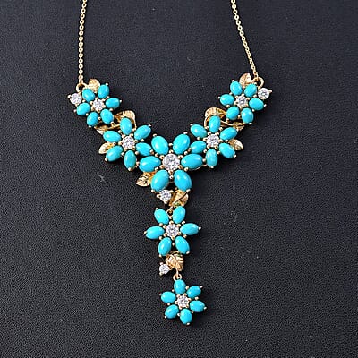 D'Joy Sleeping Beauty Turquoise and Moissanite 13.70 ctw Floral Necklace in 18K Vermeil Yellow Gold Over Sterling Silver 18 Inches