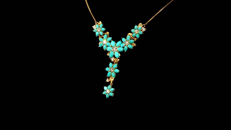 D'Joy Sleeping Beauty Turquoise and Moissanite 13.70 ctw Floral Necklace in 18K Vermeil Yellow Gold Over Sterling Silver 18 Inches