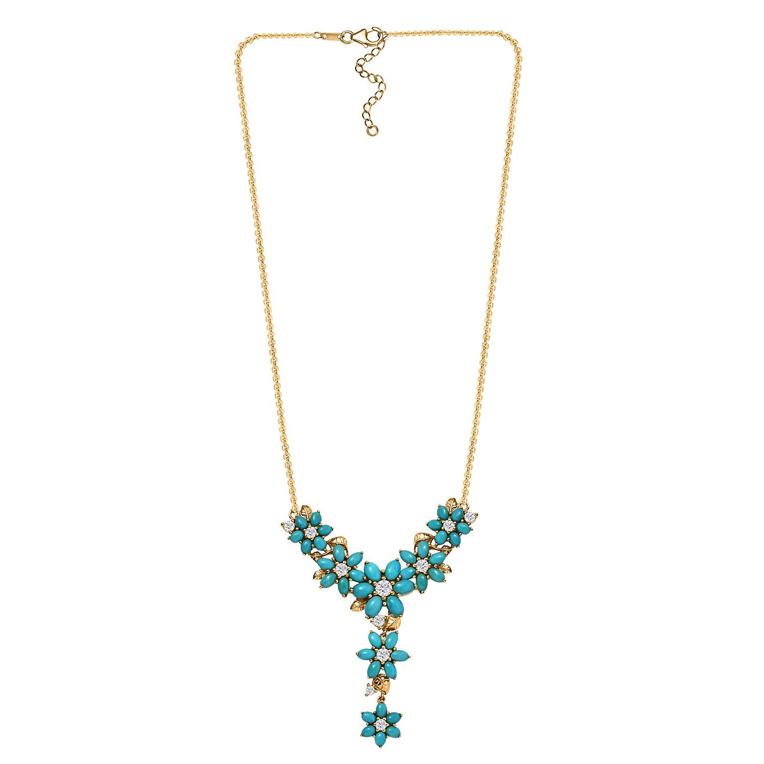 D'Joy Sleeping Beauty Turquoise and Moissanite 13.70 ctw Floral Necklace in 18K Vermeil Yellow Gold Over Sterling Silver 18 Inches