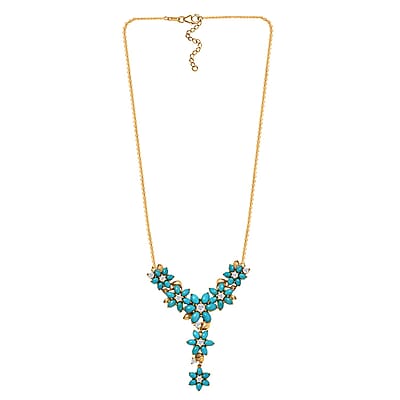 D'Joy Sleeping Beauty Turquoise and Moissanite 13.70 ctw Floral Necklace in 18K Vermeil Yellow Gold Over Sterling Silver 18 Inches