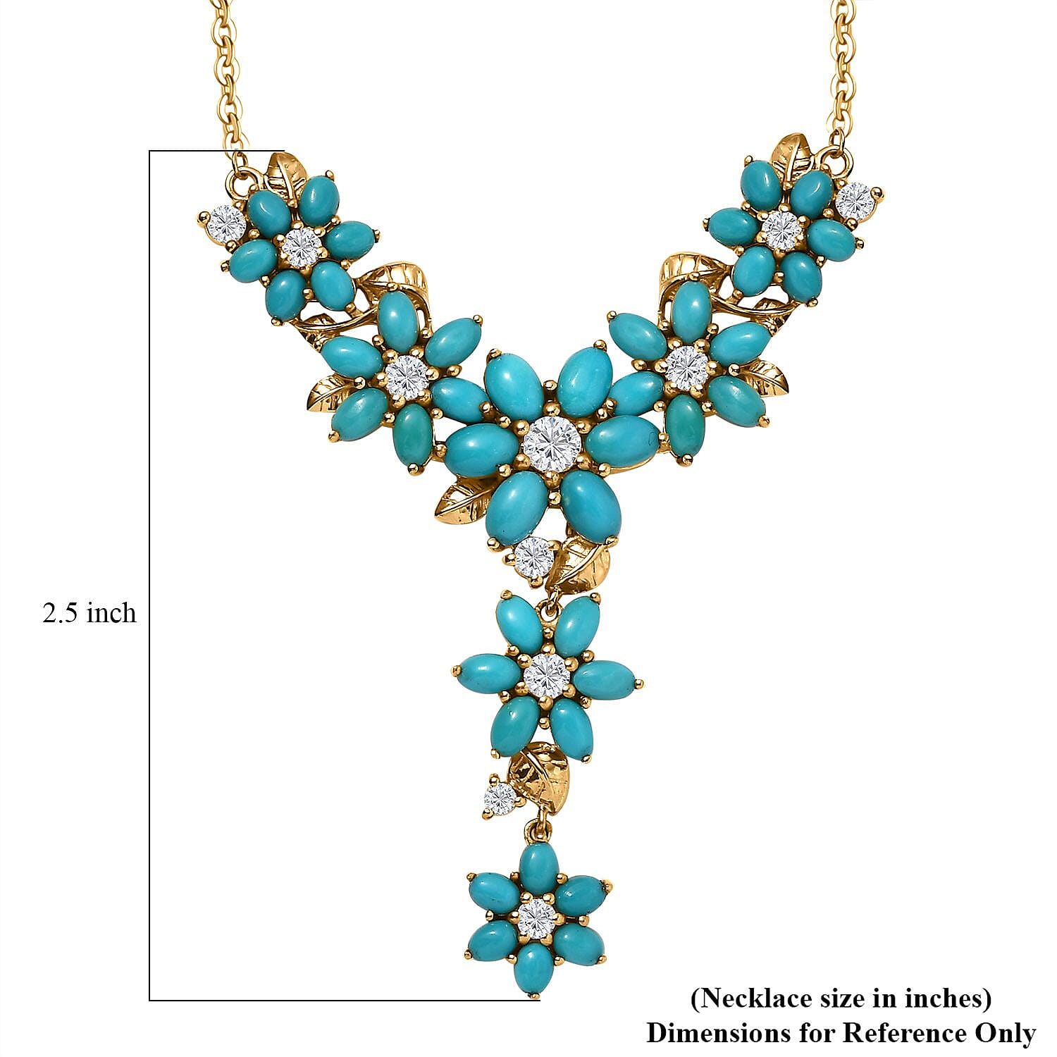 D'Joy Sleeping Beauty Turquoise and Moissanite 13.70 ctw Floral Necklace in 18K Vermeil Yellow Gold Over Sterling Silver 18 Inches