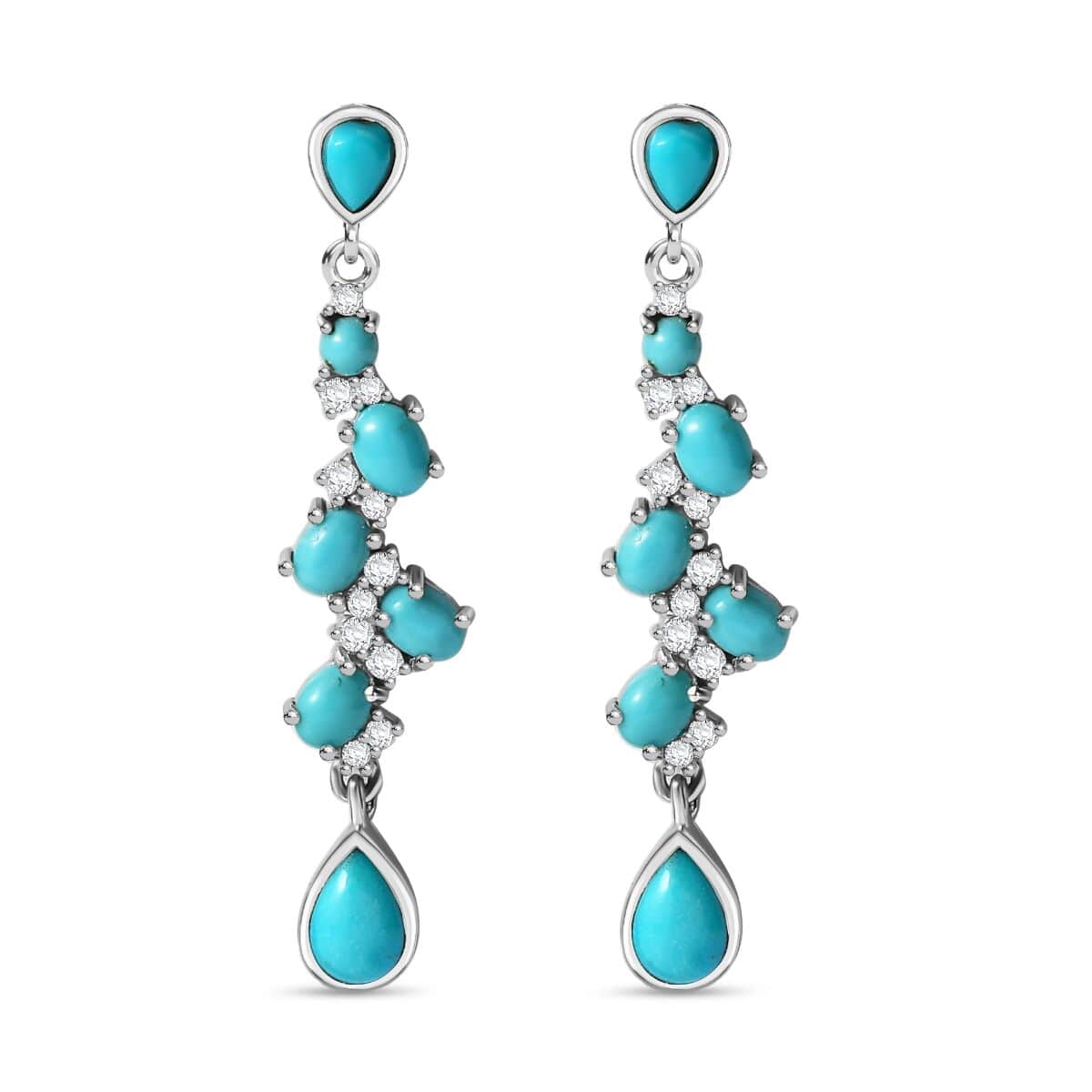 Sleeping Beauty Turquoise and Moissanite 3.40 ctw Drop Earrings in Rhodium Over Sterling Silver image number 0