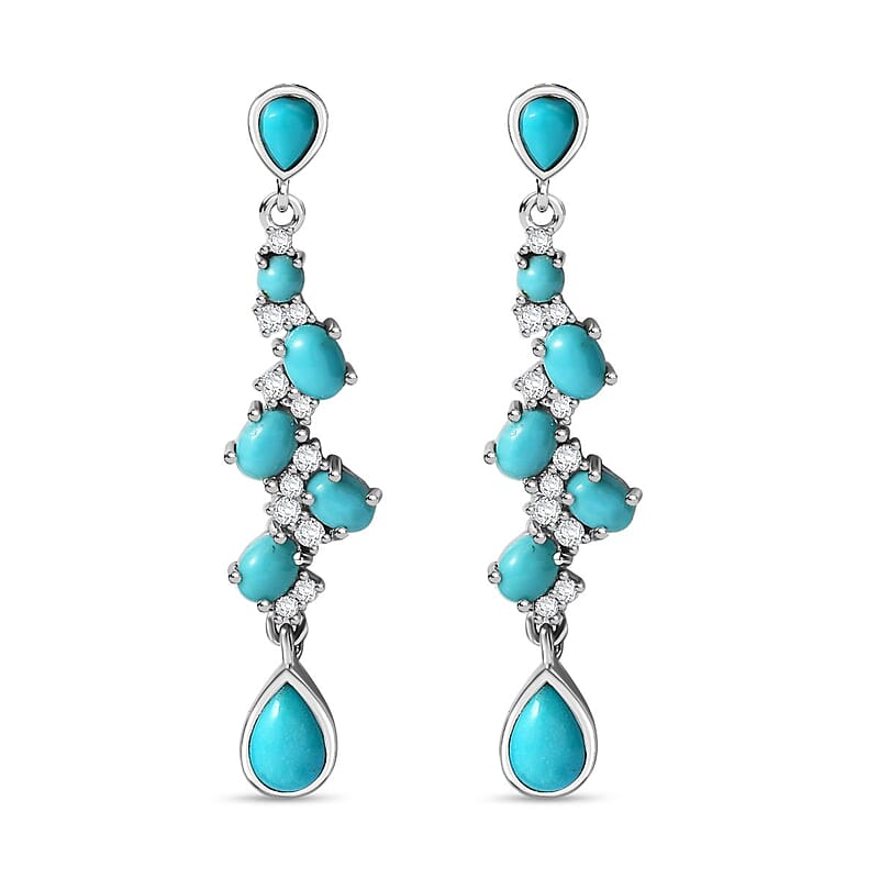 D'Joy Sleeping Beauty Turquoise and Moissanite 3.40 ctw Drop Earrings in Rhodium Over Sterling Silver