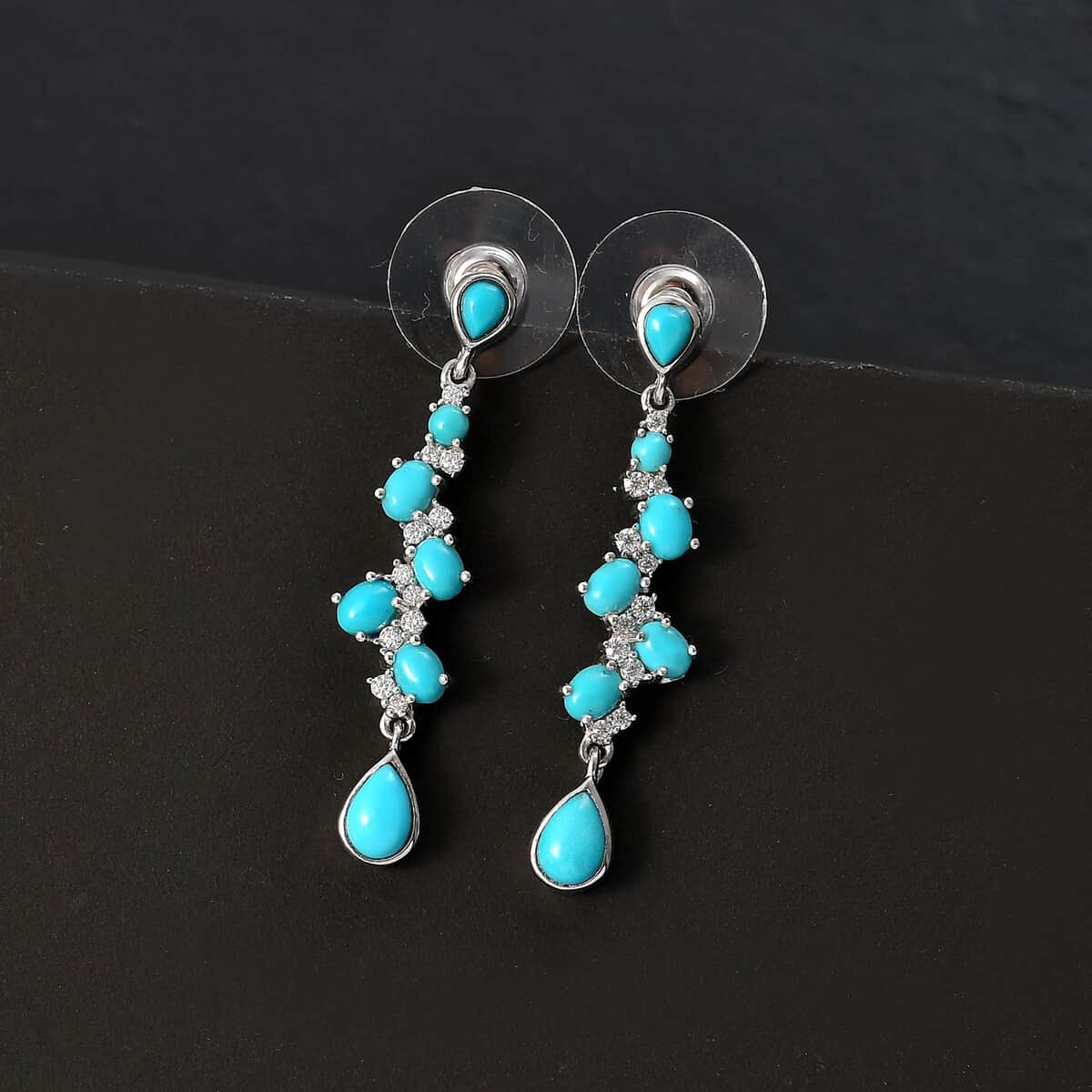 Sleeping Beauty Turquoise and Moissanite 3.40 ctw Drop Earrings in Rhodium Over Sterling Silver image number 1