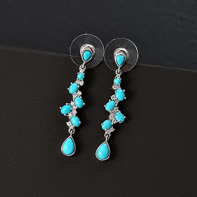 D'Joy Sleeping Beauty Turquoise and Moissanite 3.40 ctw Drop Earrings in Rhodium Over Sterling Silver