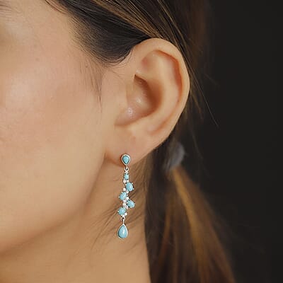 D'Joy Sleeping Beauty Turquoise and Moissanite 3.40 ctw Drop Earrings in Rhodium Over Sterling Silver