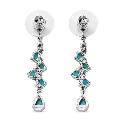 D'Joy Sleeping Beauty Turquoise and Moissanite 3.40 ctw Drop Earrings in Rhodium Over Sterling Silver