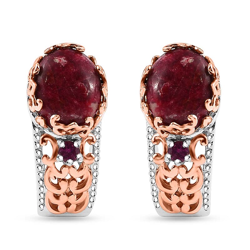 Karis Norwegian Thulite and Orissa Rhodolite Garnet 6.25 ctw J-Hoop Earrings in 18K RG Plated and Platinum Bond