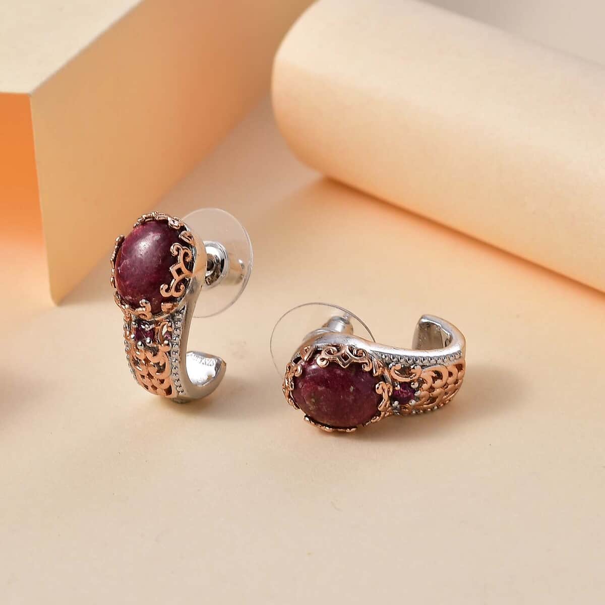 Karis Norwegian Thulite and Orissa Rhodolite Garnet 6.25 ctw J-Hoop Earrings in 18K RG Plated and Platinum Bond image number 1