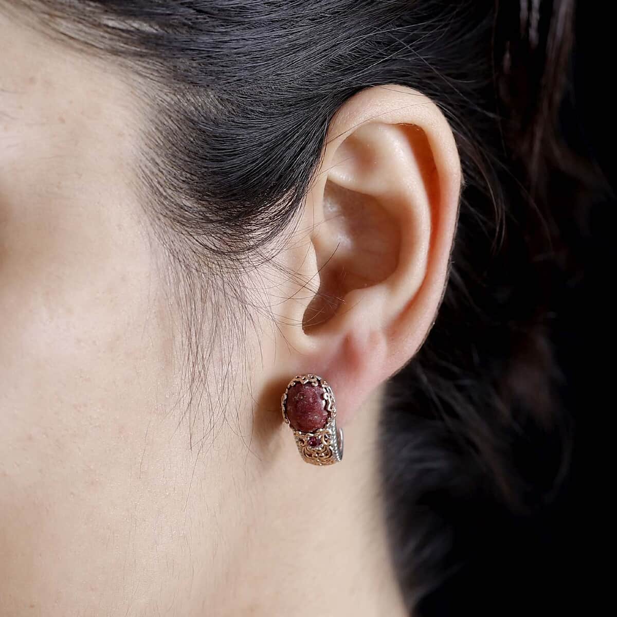 Karis Norwegian Thulite and Orissa Rhodolite Garnet 6.25 ctw J-Hoop Earrings in 18K RG Plated and Platinum Bond image number 2