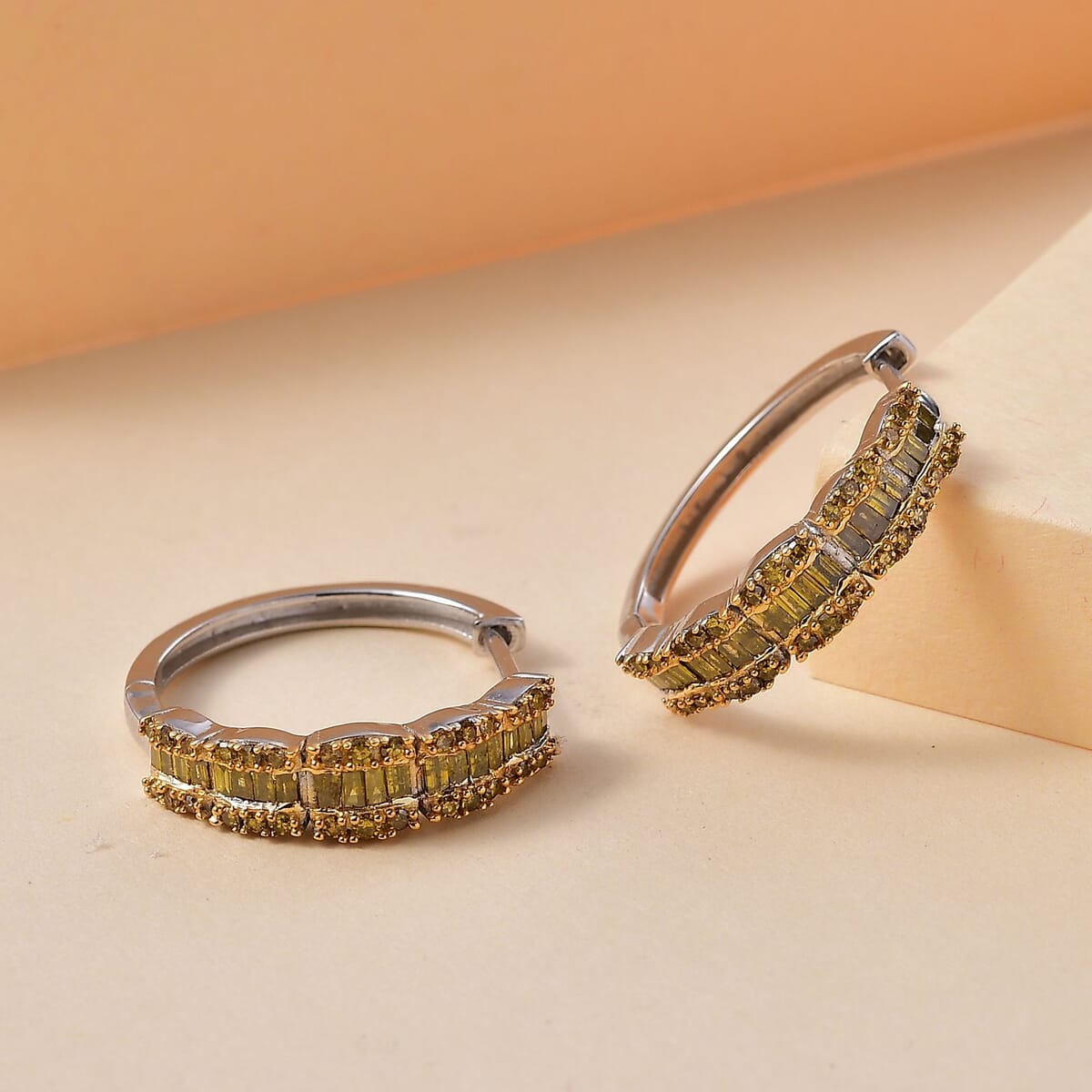Yellow Diamond 1.00 ctw Hoop Earrings in Rhodium Over Sterling Silver image number 1