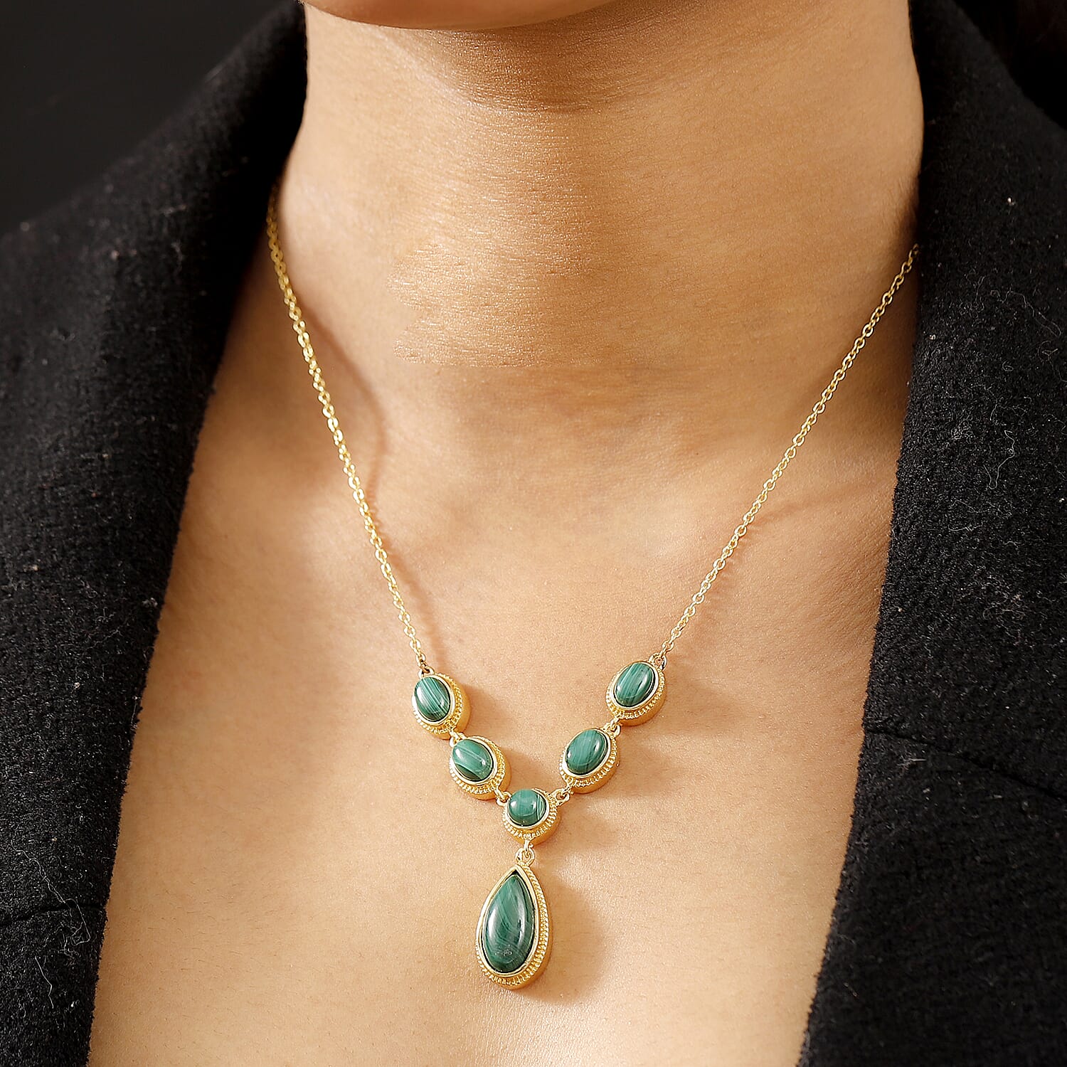 Karis African Malachite 14.35 ctw Necklace in 18K Yellow Gold Plated and ION Plated YG Stainless Steel 18 Inches