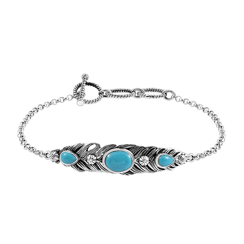 D'Joy Indian Artisan Crafted Sleeping Beauty Turquoise 2.60 ctw Feather Bracelet in Black Oxidized Sterling Silver (6.50-8.0In)