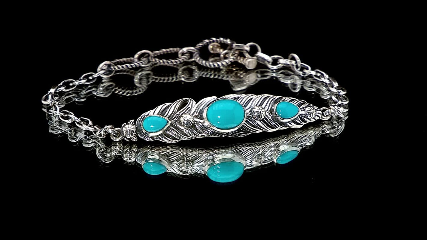 D'Joy Indian Artisan Crafted Sleeping Beauty Turquoise 2.60 ctw Feather Bracelet in Black Oxidized Sterling Silver (6.50-8.0In)