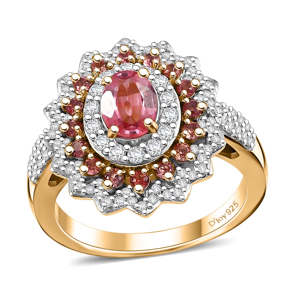 AAA Padparadscha Sapphire (BT) and Moissanite 1.90 ctw Radiant Bloom Ring in 18K Vermeil Yellow Gold Over Sterling Silver (Size 6.0) image number 0