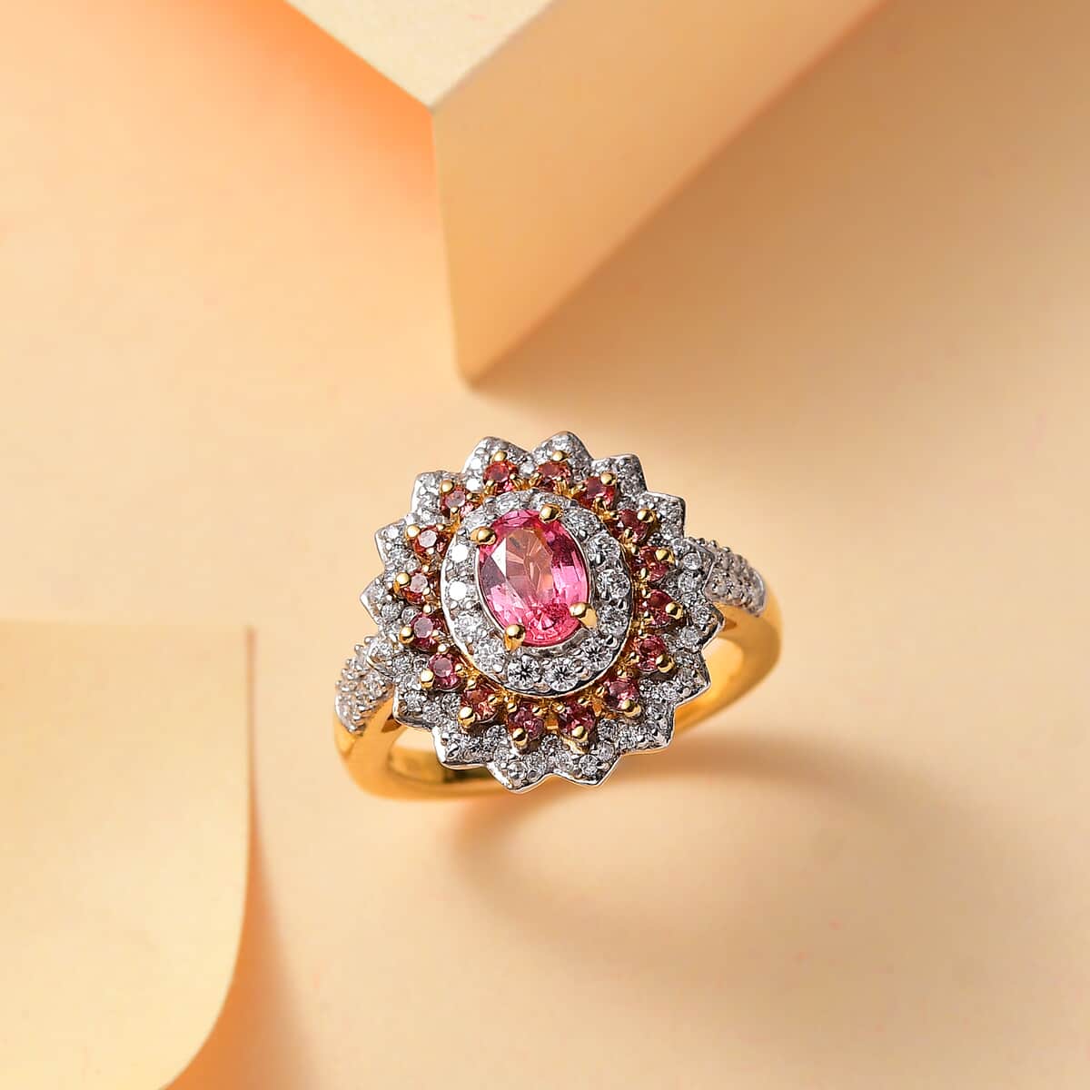 AAA Padparadscha Sapphire (BT) and Moissanite 1.90 ctw Radiant Bloom Ring in 18K Vermeil Yellow Gold Over Sterling Silver (Size 6.0) image number 1