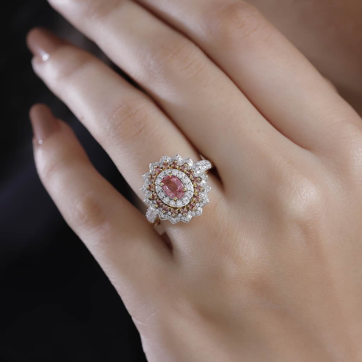 AAA Padparadscha Sapphire (BT) and Moissanite 1.90 ctw Radiant Bloom Ring in 18K Vermeil Yellow Gold Over Sterling Silver (Size 6.0) image number 2