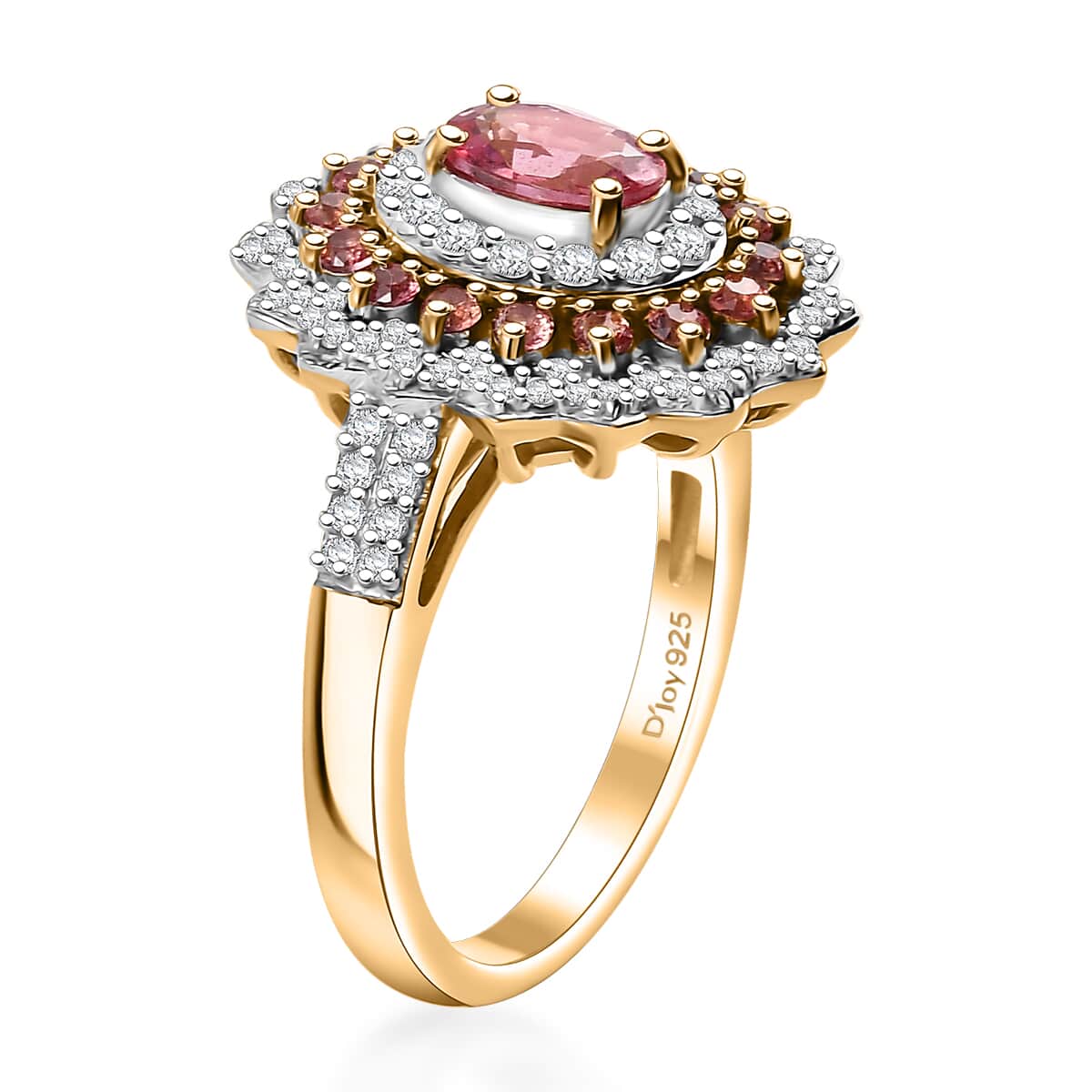 AAA Padparadscha Sapphire (BT) and Moissanite 1.90 ctw Radiant Bloom Ring in 18K Vermeil Yellow Gold Over Sterling Silver (Size 6.0) image number 3