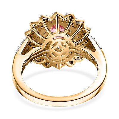 D'Joy AAA Padparadscha Sapphire (BT) and Moissanite 1.90 ctw Radiant Bloom Ring in 18K Vermeil Yellow Gold Over Sterling Silver (Size 6.0)