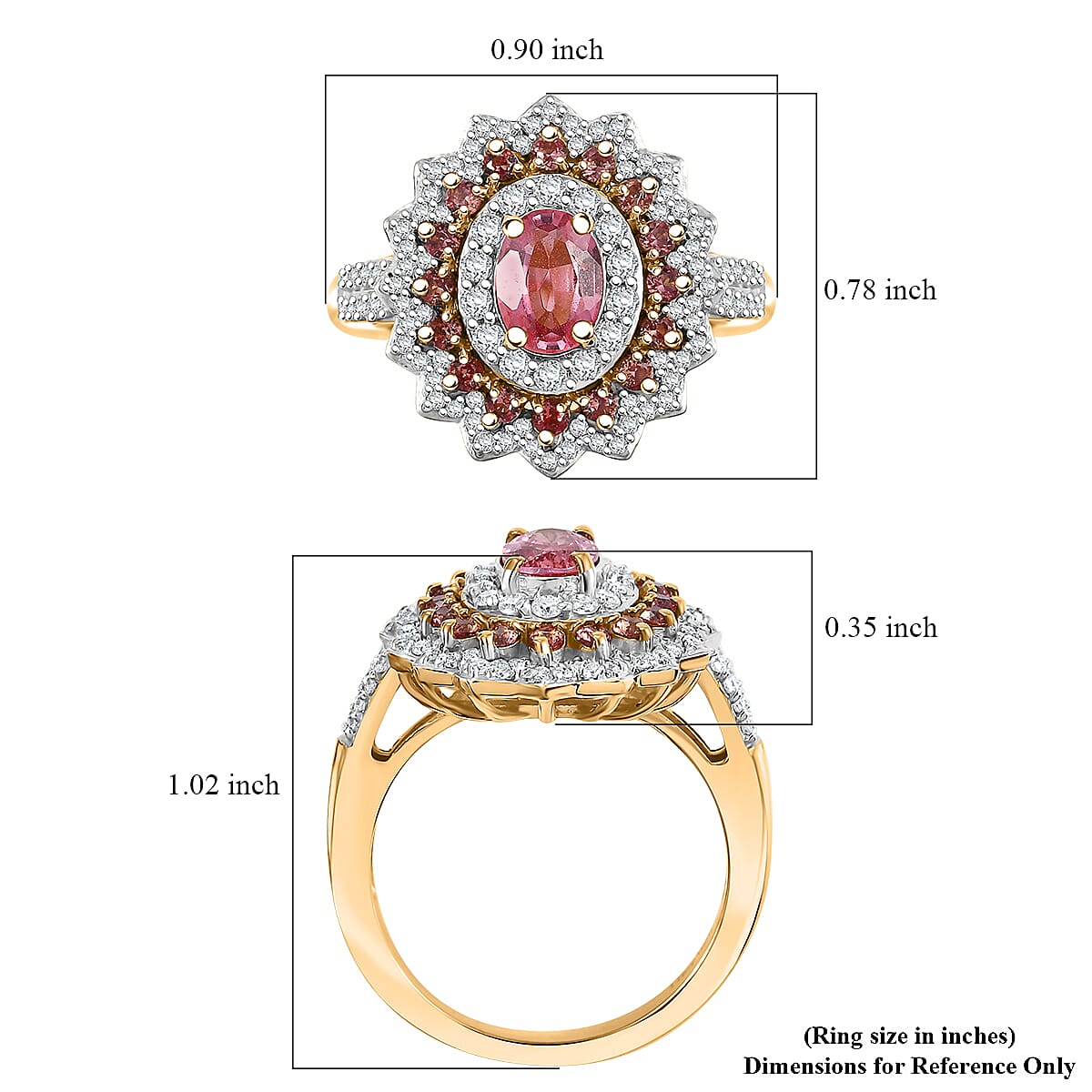 D'Joy AAA Padparadscha Sapphire (BT) and Moissanite 1.90 ctw Radiant Bloom Ring in 18K Vermeil Yellow Gold Over Sterling Silver (Size 6.0)