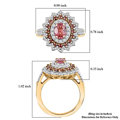 D'Joy AAA Padparadscha Sapphire (BT) and Moissanite 1.90 ctw Radiant Bloom Ring in 18K Vermeil Yellow Gold Over Sterling Silver (Size 6.0)