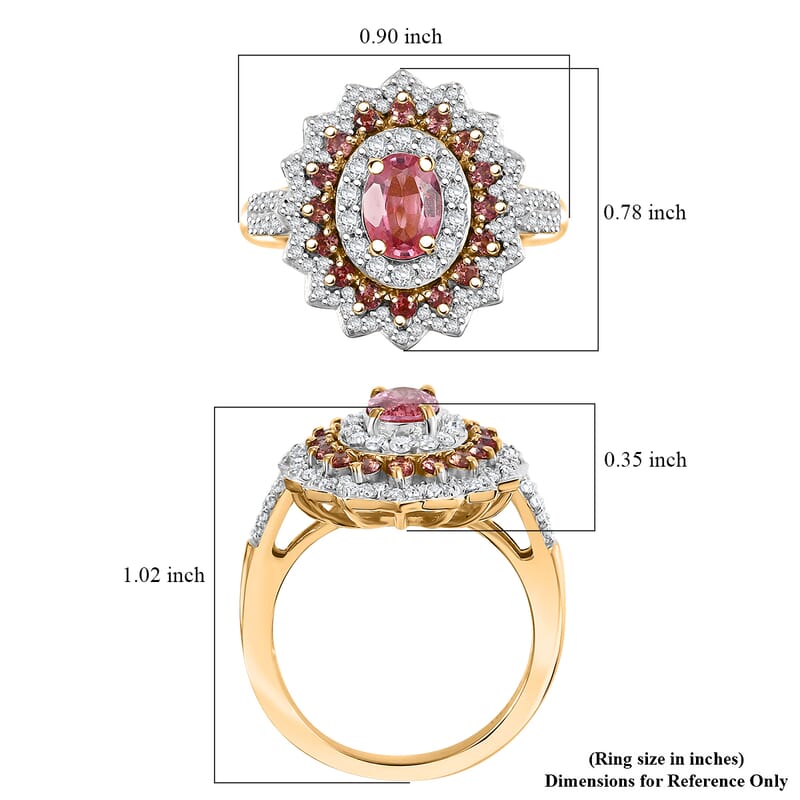 D'Joy AAA Padparadscha Sapphire (BT) and Moissanite 1.90 ctw Radiant Bloom Ring in 18K Vermeil Yellow Gold Over Sterling Silver (Size 6.0)
