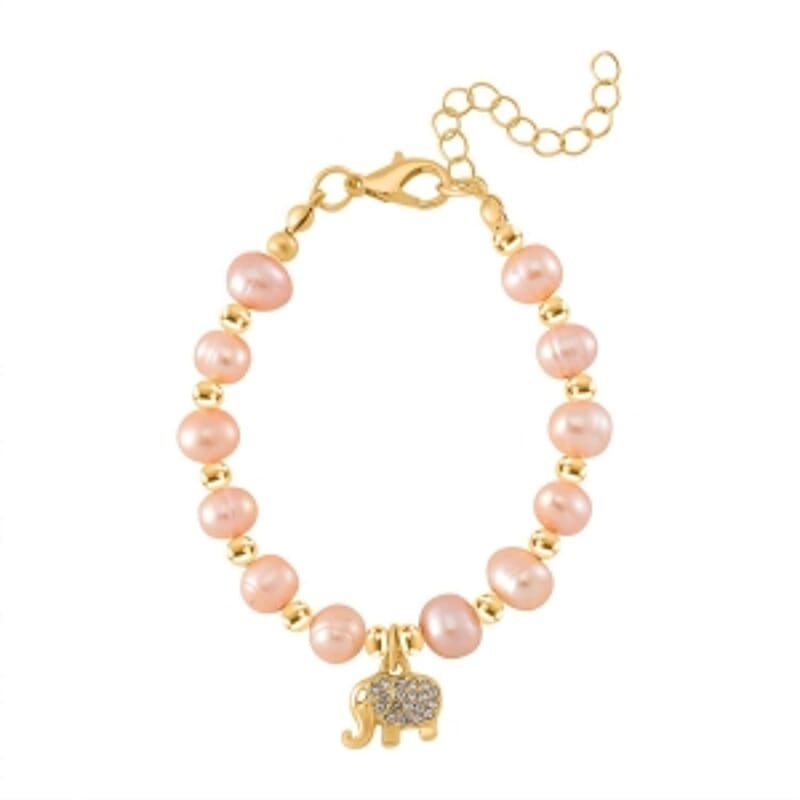 Peach Freshwater Pearl and Austrian Crystal 31.00 ctw Bracelet in Goldtone (6.50-8.50 In)