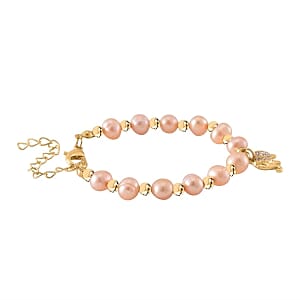 Peach Freshwater Pearl and Austrian Crystal 31.00 ctw Bracelet in Goldtone (6.50-8.50 In)