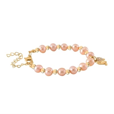 Peach Freshwater Pearl and Austrian Crystal 31.00 ctw Bracelet in Goldtone (6.50-8.50 In)