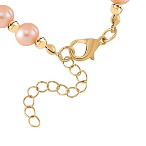 Peach Freshwater Pearl and Austrian Crystal 31.00 ctw Bracelet in Goldtone (6.50-8.50 In)