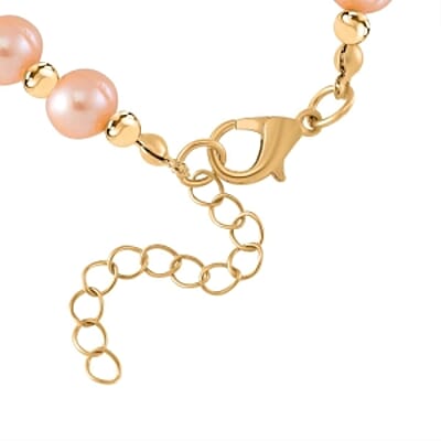 Peach Freshwater Pearl and Austrian Crystal 31.00 ctw Bracelet in Goldtone (6.50-8.50 In)