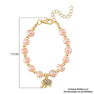 Peach Freshwater Pearl and Austrian Crystal 31.00 ctw Bracelet in Goldtone (6.50-8.50 In)