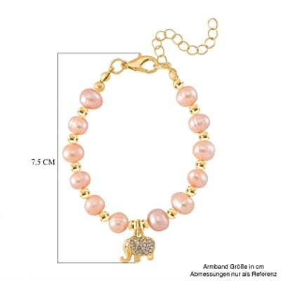 Peach Freshwater Pearl and Austrian Crystal 31.00 ctw Bracelet in Goldtone (6.50-8.50 In)