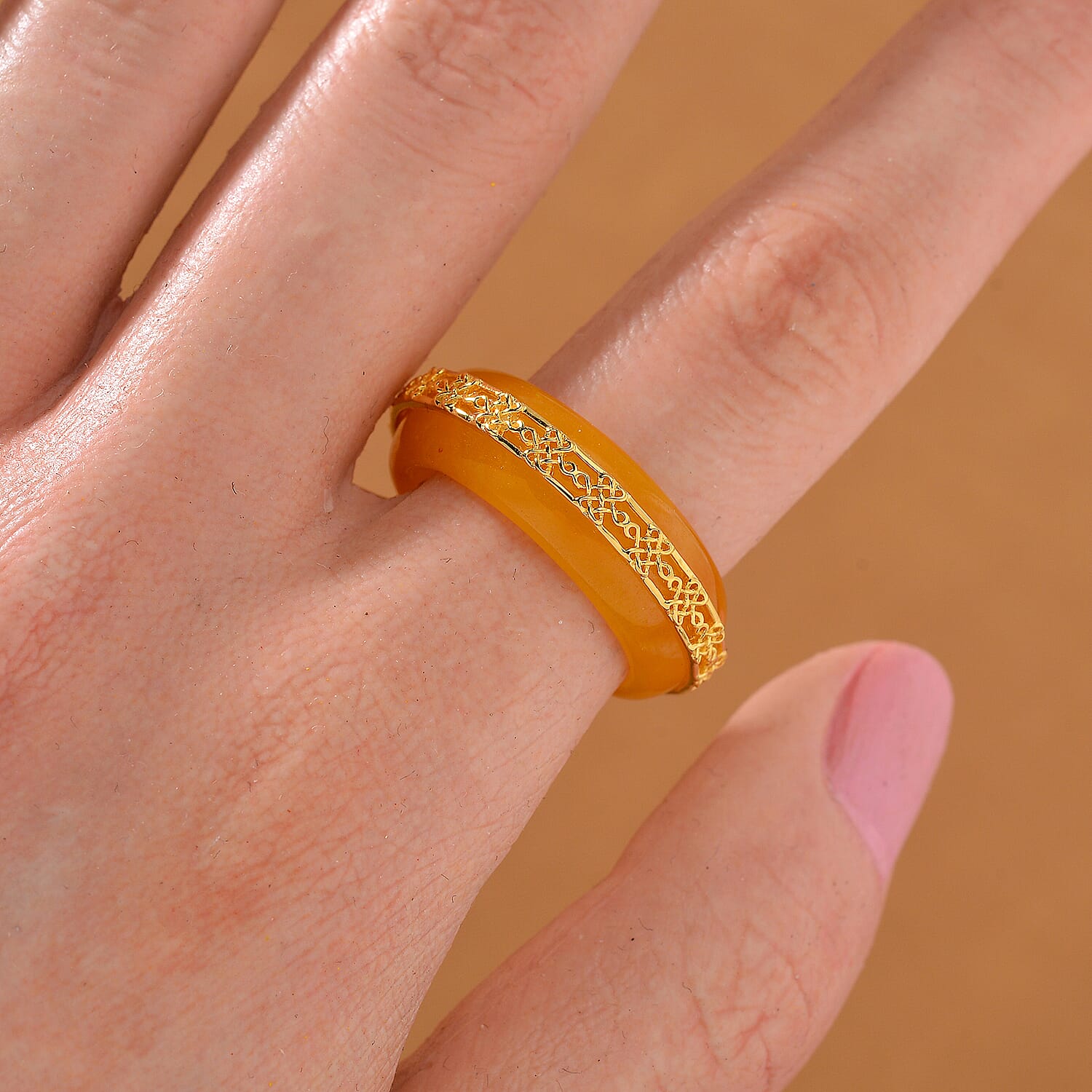 Yellow Jade (D) 26.75 ctw Ruyi Knot Band Ring in 18K Vermeil Yellow Gold Over Sterling Silver (Size 9.0)