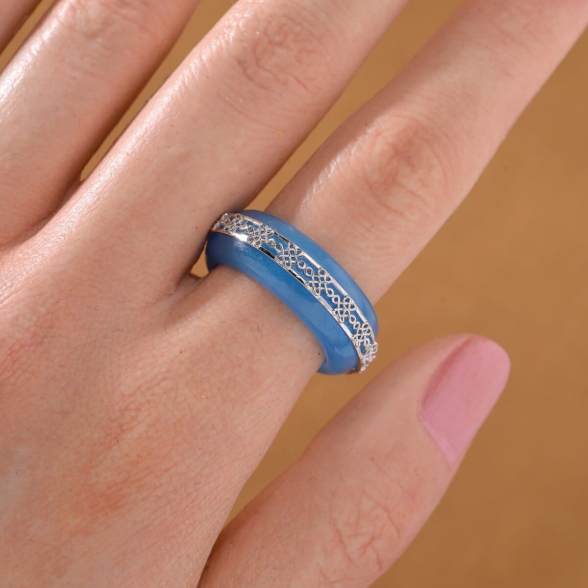 Blue Jade (D) 26.65 ctw Ruyi Knot Band Ring in Platinum Over Sterling Silver (Size 10.0) image number 1